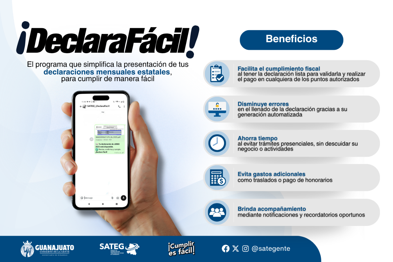 Beneficios de ¡DeclaraFácil!: facilita el cumplimiento, disminuye errores, ahorra tiempo, evita gastos adicionales y brinda acompañamiento